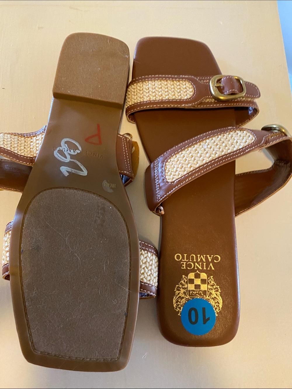 Vince Camuto Brown Woven Raffia Buckle Slide Sandals - Picture 5 of 5